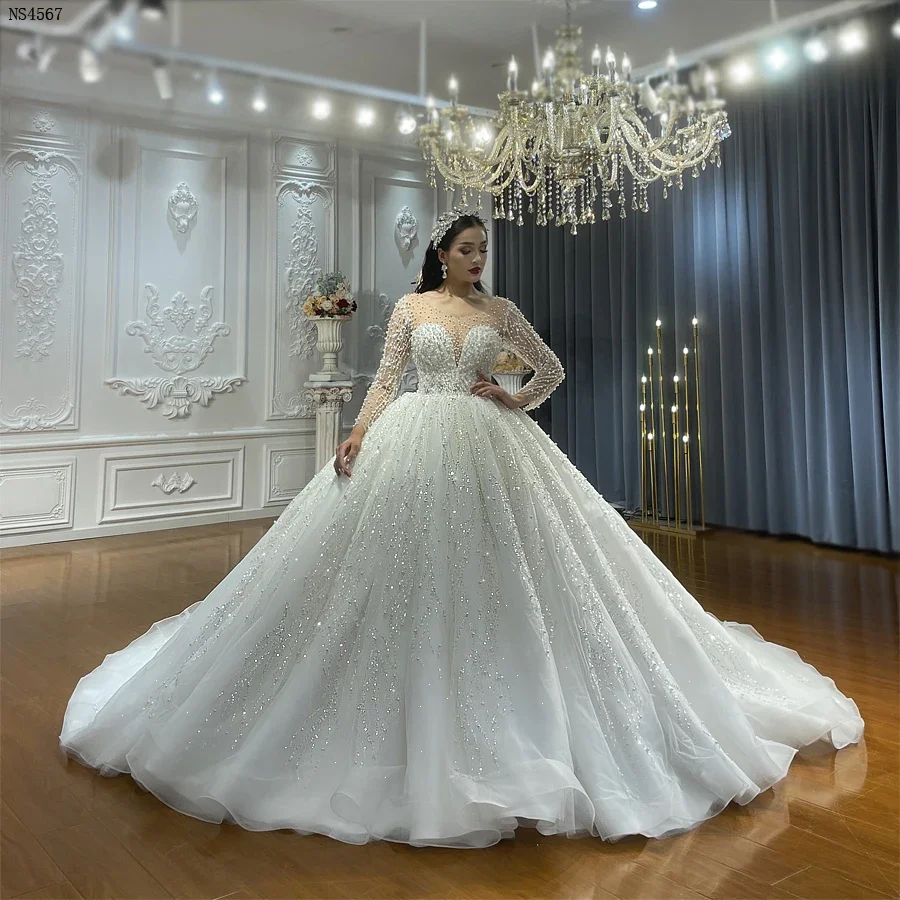 Customized Pearls Beaded Floral Lace Appliqués Long Sleeves Wedding Gown  Amanda Novias Official