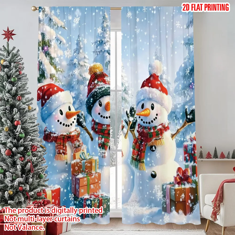 

2pcs 2D flat printing Christmas Curtains Christmas cute snowman 100% Polyester Without Electricity Festive Wall Decor Perfect