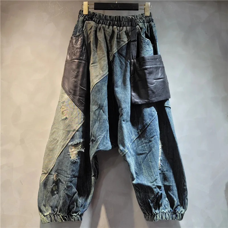 

Hole Jeans Women Distressed Cross Pants Elastic Waist Patchwork Vintage Washed Ankle Length Trousers Streetwear Denims 2026