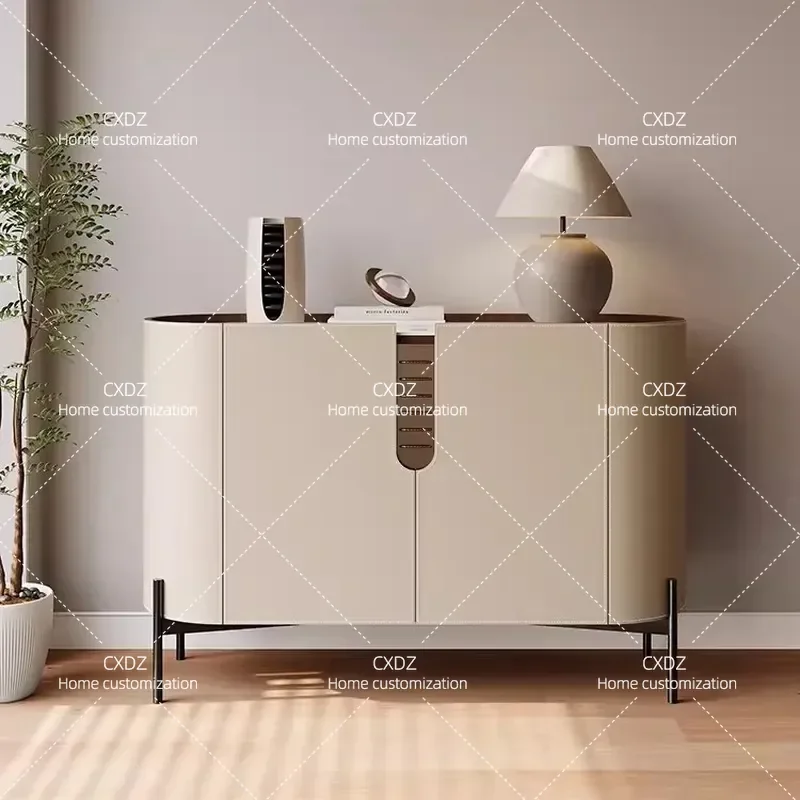 Minimalist Saddle Leather Side Cabinet High TV Stand for Bedroom Living Room Wall Mounted Storage Locker Light Luxury