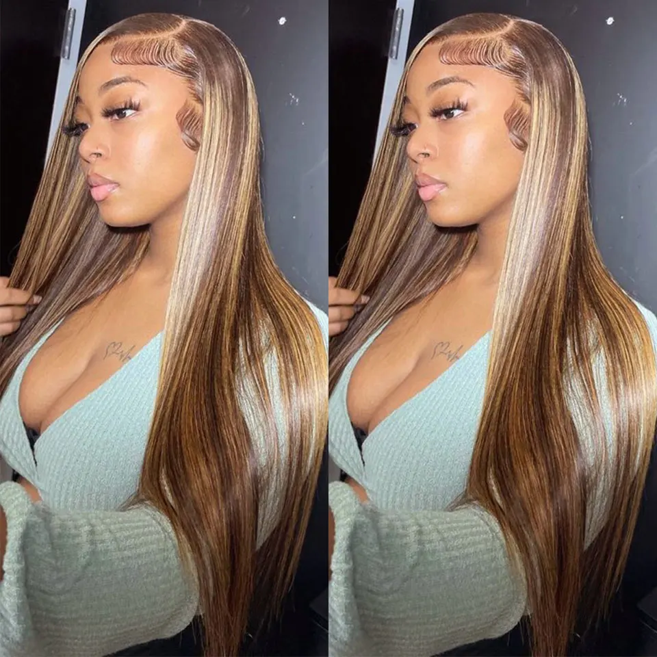 

High Quality Transparent Lace Frontal Wigs Brazilian Colored Human Hair Wig 13x4 Cosplay Highlight Brown Long Straight For Women