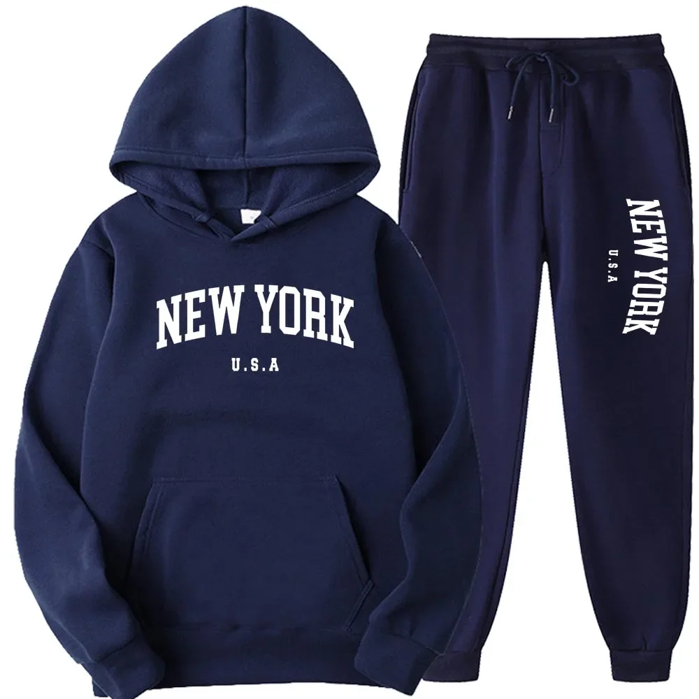 Men Women New York U.S.A City Hoodies Sets Fashion Letter Printed Graphic Sweatshirts Loose Casual Harajuku Hooded+Pants Pullove