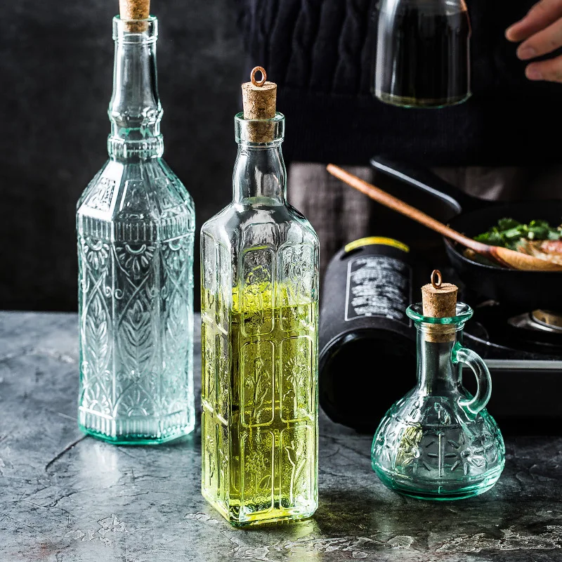 Glass Kitchen Seasoning Jar Eco-Friendly Cork Stopper Cooking Wine Vinegar Olive Oil Oiler European Retro Sauce Storage Bottle