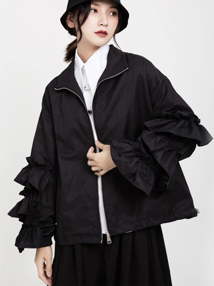 [EAM] Loose Fit Black Ruffles Stitch Big Size Jacket New Lapel Long Sleeve Women Coat Fashion Tide Spring Autumn 2024 1B894