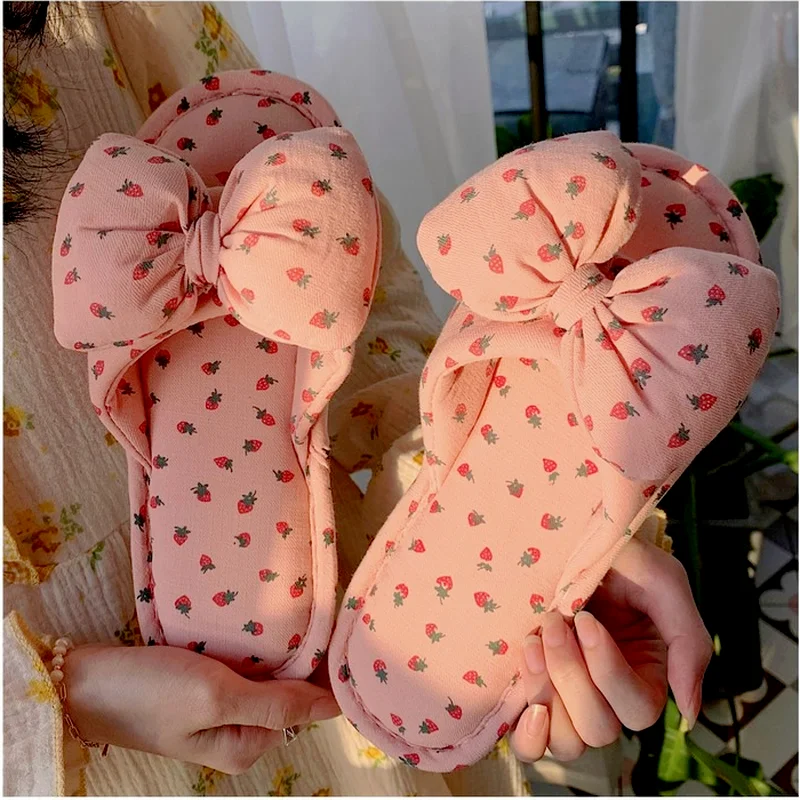 Fashion Casual And Comfortable Four Seasons Linen Slippers Indoor Home Cute Girly Heart Bow Slippers Women Shoes