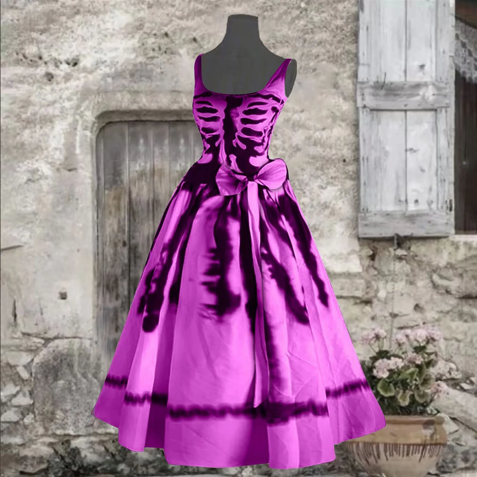 Robe longue à imprimé tête de mort pour femme, streetwear à col rond, coupe couvertes, ceinture, robe trapèze pour femme, fête d'Halloween, drôle