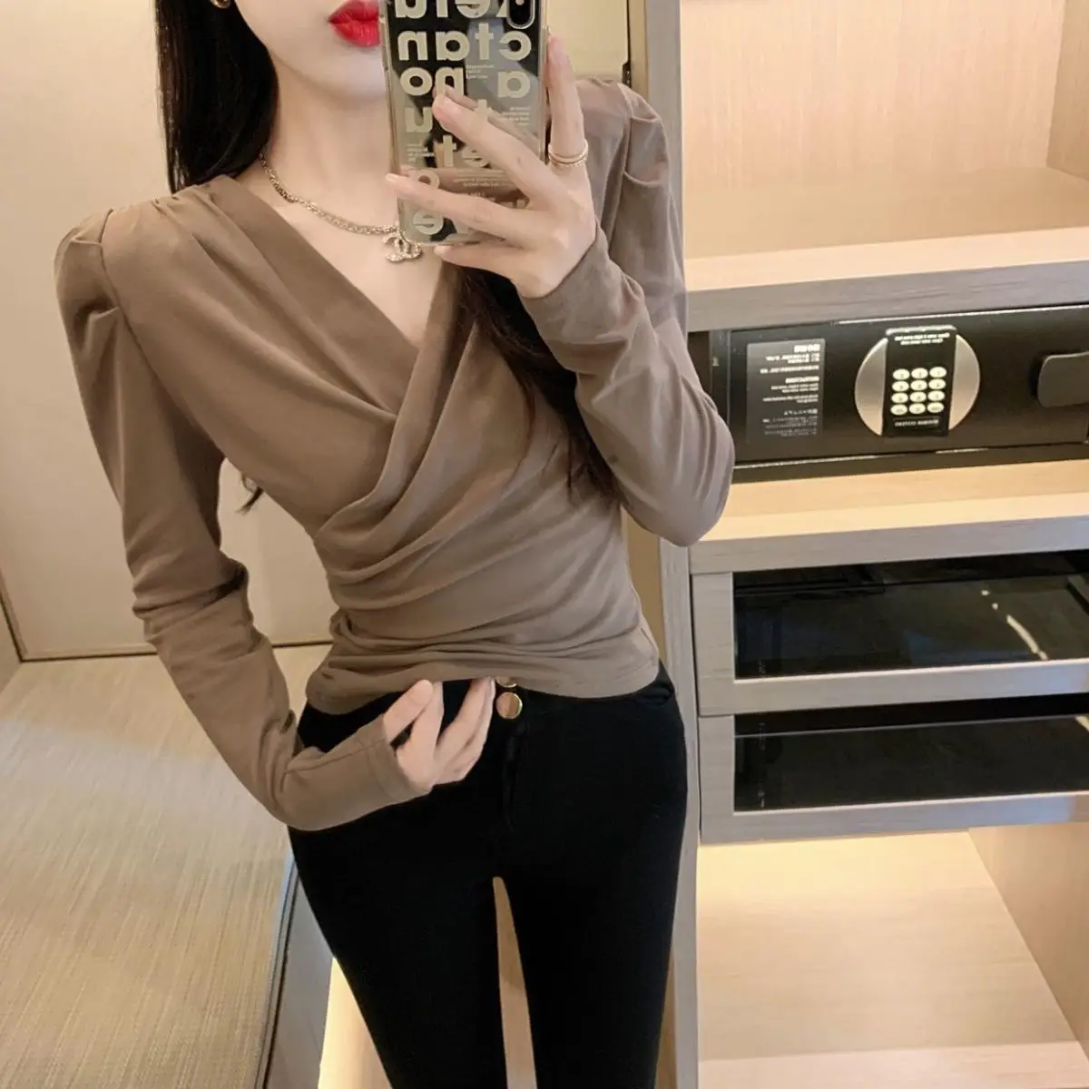 Tops Woman Plain Autumn Winter Long Sleeve T Shirt for Women Cross V Neck Japanese Vintage Fashion Clothing Female Pulovers Sale