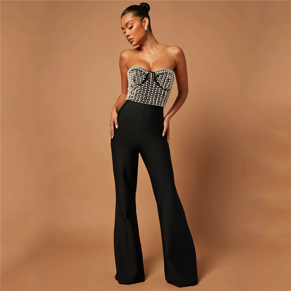 

2025 Summer Hit Color Slimming Spliced Bead Jumpsuits for Women Strapless Sleeveless High Waist Elegant Jumpsuit Female Clothes