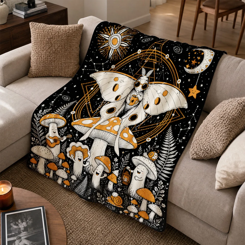 Bohemian Mushroom Pattern Throw Blanket Witchy Cottagecore Psychedelic Gothic Boho Occult Celestial Stars Moon Cozy Couch Throw