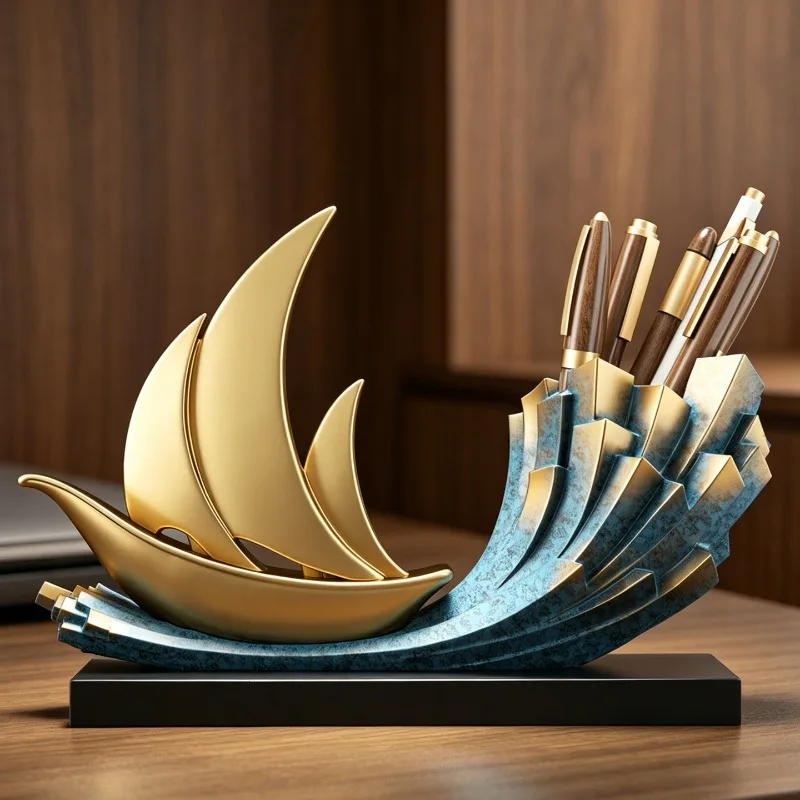 Luxury Sailboat Figurine Desk Pen Holder High Grade Office Desktop Decor Business Gift Craft Ornament Home Decor