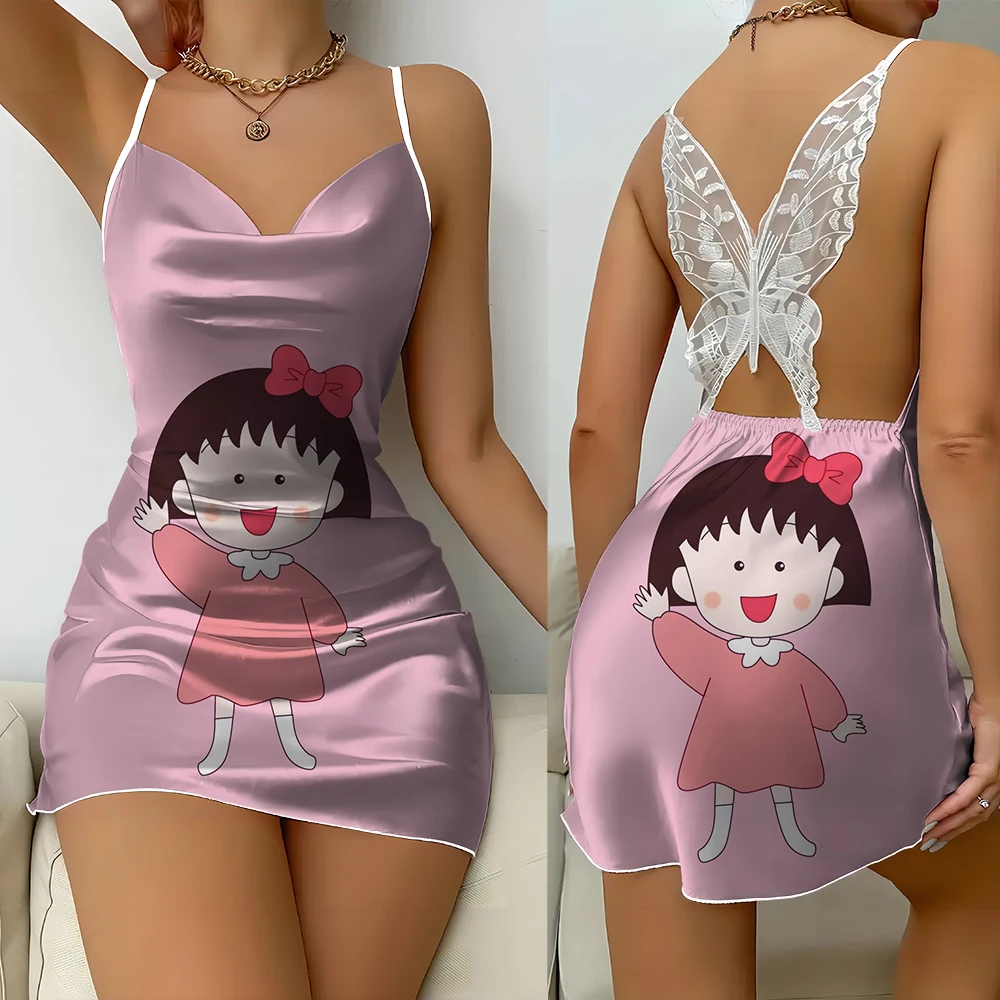 Backless women's dress Silk Maruko Anime surface Party dress Butterfly decorated pyjamas Tight mini skirt women's dress