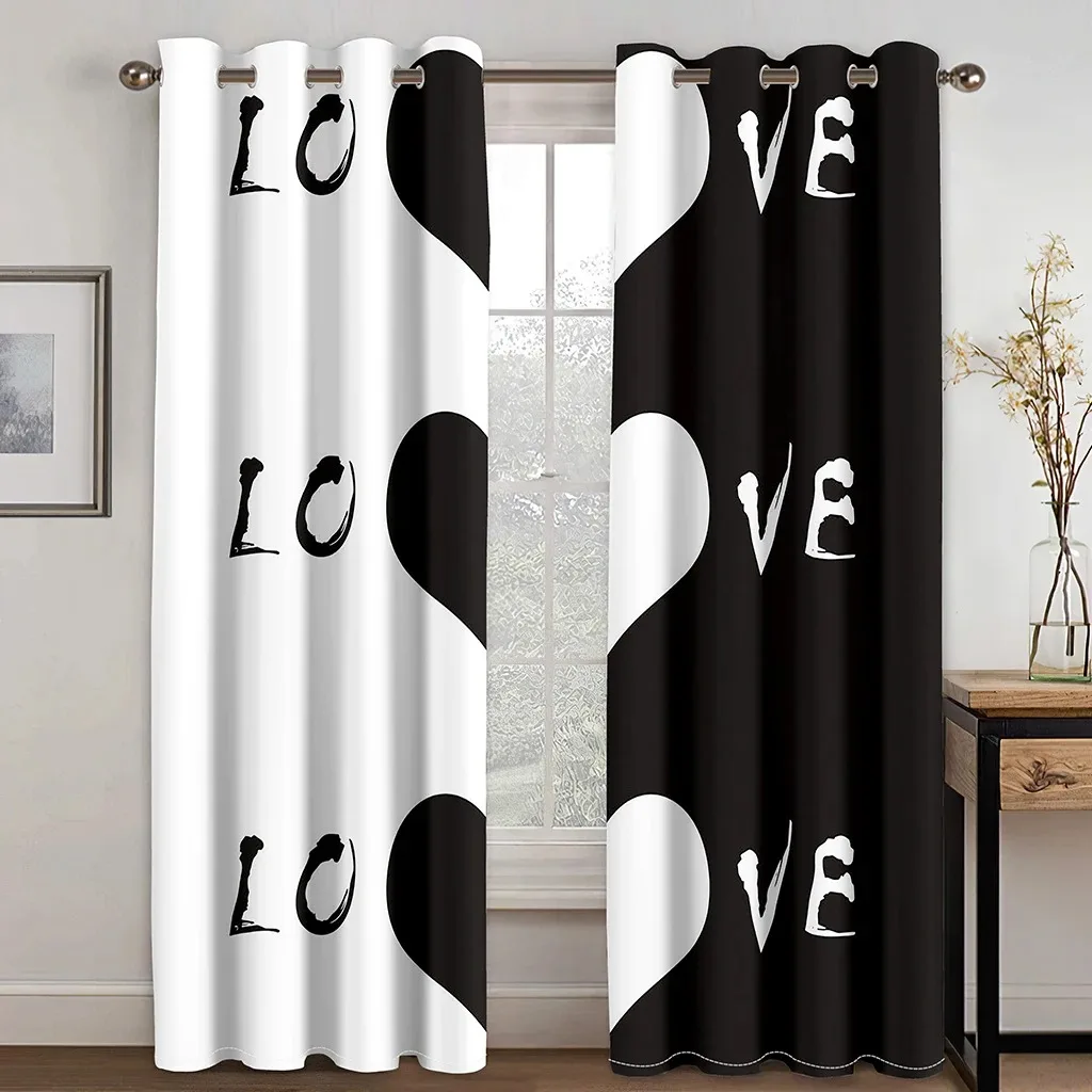 Romantic Love Heart Black White Diamond Window Curtains Blinds for Living Room Kids Bedroom Bathroom Kitchen Door Home Decor2Pcs