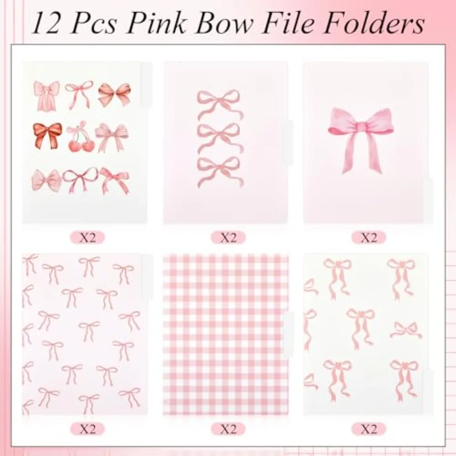 12 carpetas de archivos con lazo rosa Ih, 8,5x11, tamaño de letra, organizadores de archivos decorativos a cuadros con lazo y 1 3 pestaña cortada, bonito y bonito Docu