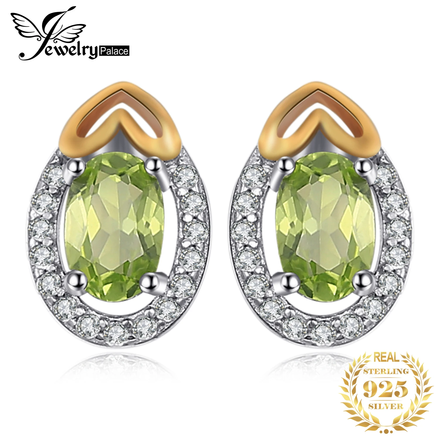 JewelryPalace Oval Cut Genuine Natural Green Peridot 925 Sterling Silver Stud Earrings for Women Fashion Gemstone Gold Earrings