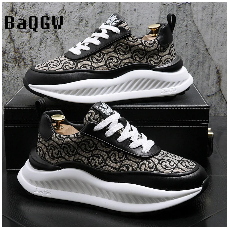 Leather Casual Increased Flat Platform Shoes Men Lace Up Sports Shoes Chunky Sneakers High Quality Fashion Male Designer Shoes