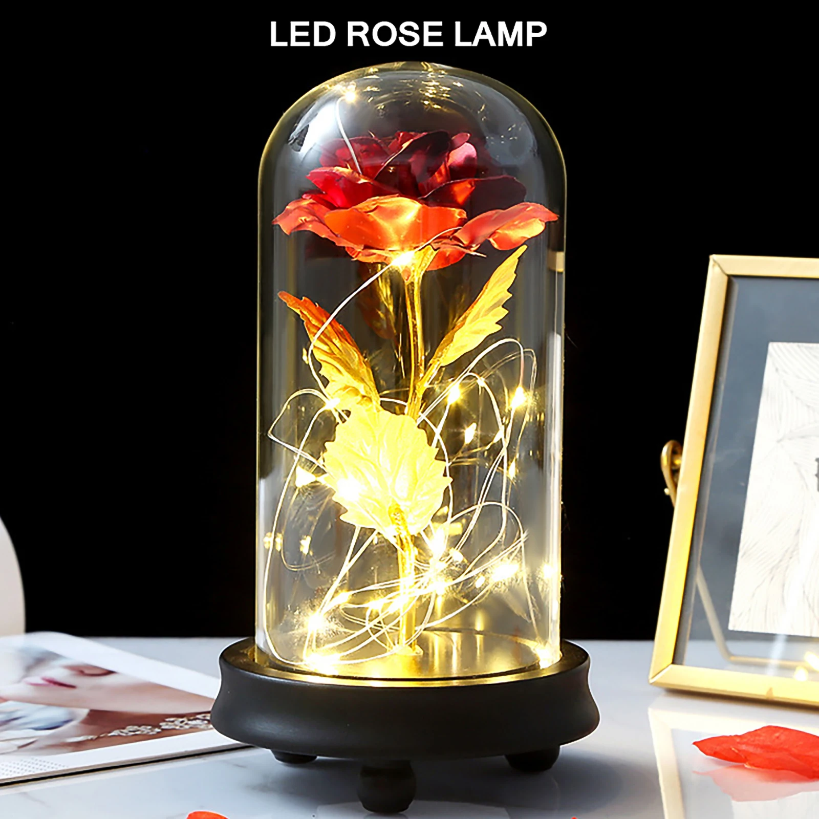 Glass Dome Wooden Base Christmas Eternal Flower With Light Red Rose Valentine'S Gifts LED Rose Lamps Xmas Navidad Ornament