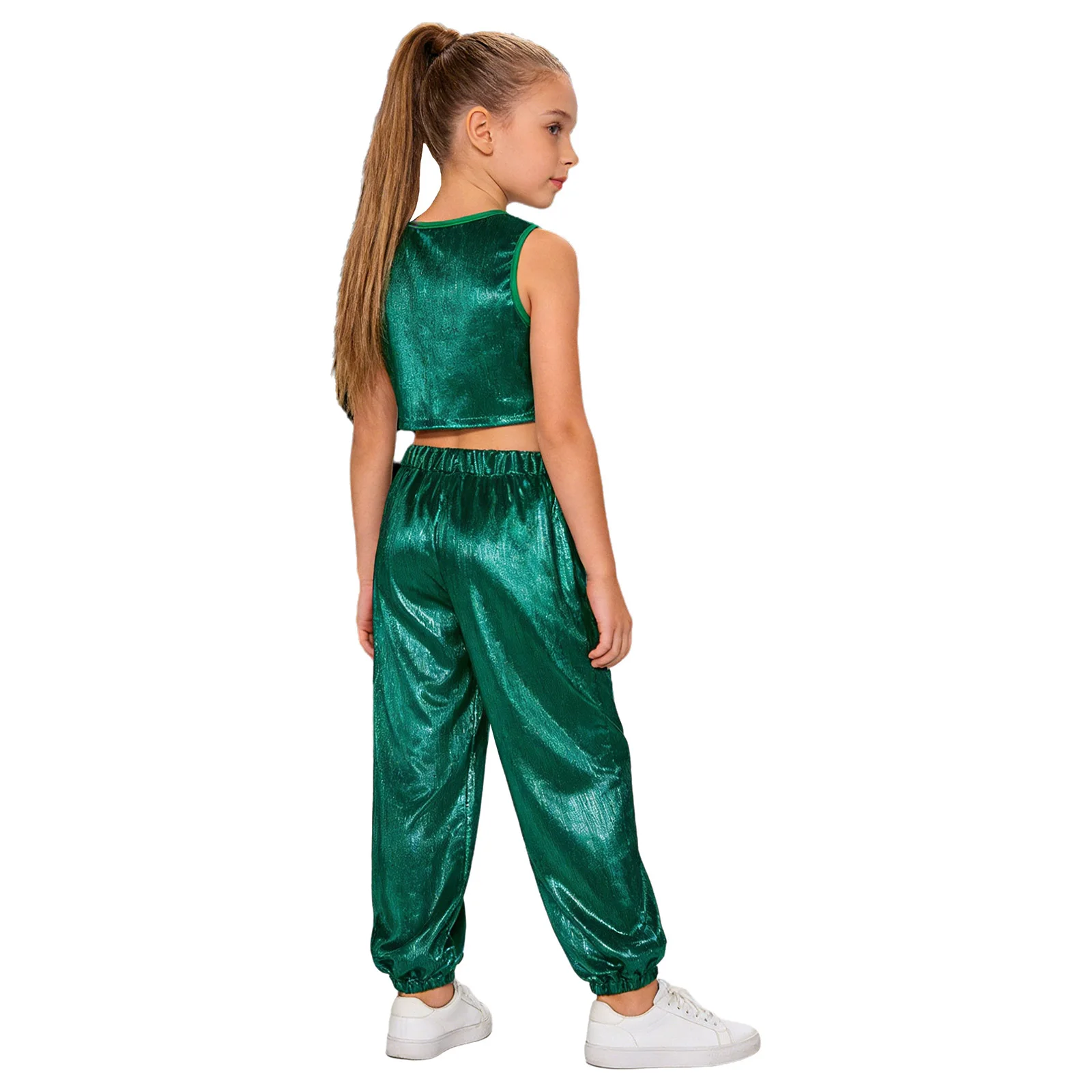 Kinder Mädchen Hip-Hop-Cheerleading-Auftritts-Kostüm Jazz-Tanz-Outfit Metallisch Geripptes Tanz-Outfit Ärmellose Weste mit Hose – Detail 11