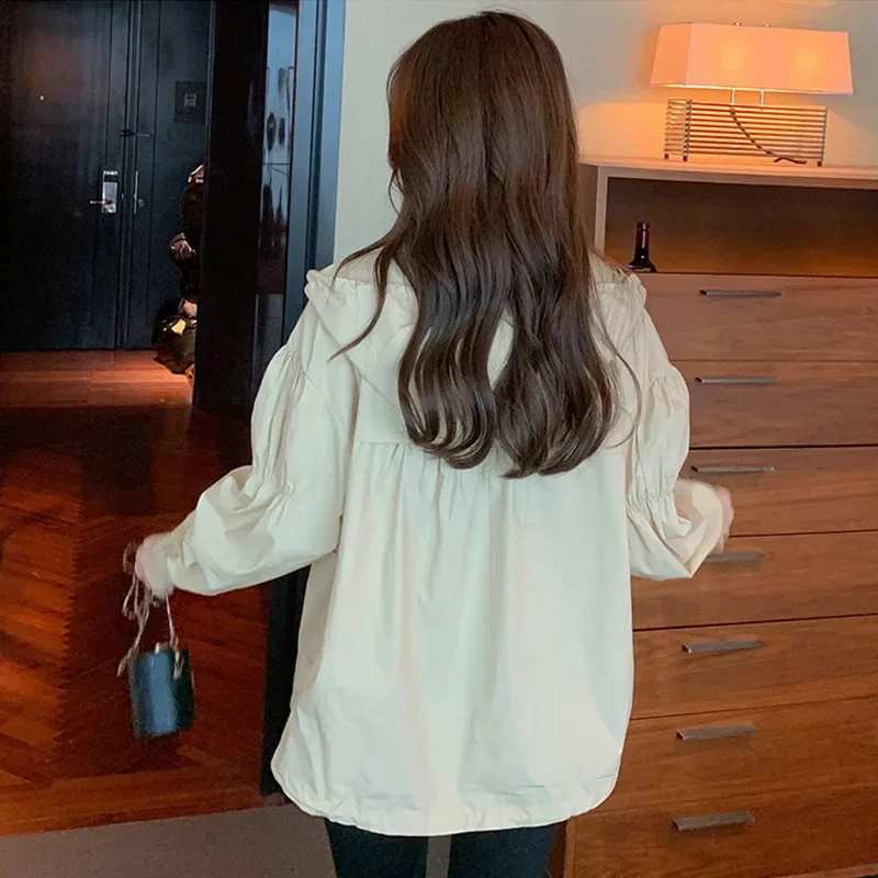 Lässige dünne Kapuzenjacke für Damen, locker, 2025, Herbst, neuer koreanischer Stil, Retro-Sonnenschutzkleidung, Langarm-Top