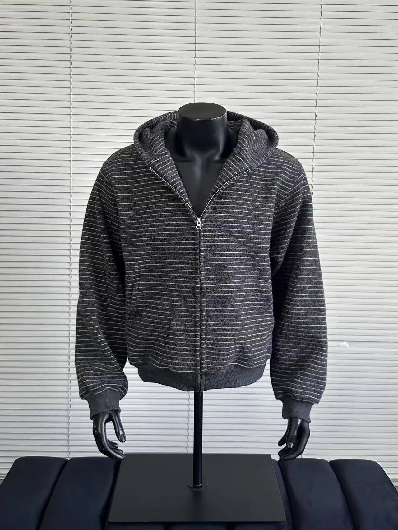 

Early Autumn Striped Velvet Hat Sweatirt Casual Loose Women's Design Boxy Open Cardigan Trendy Polyester Fiber Long Sve