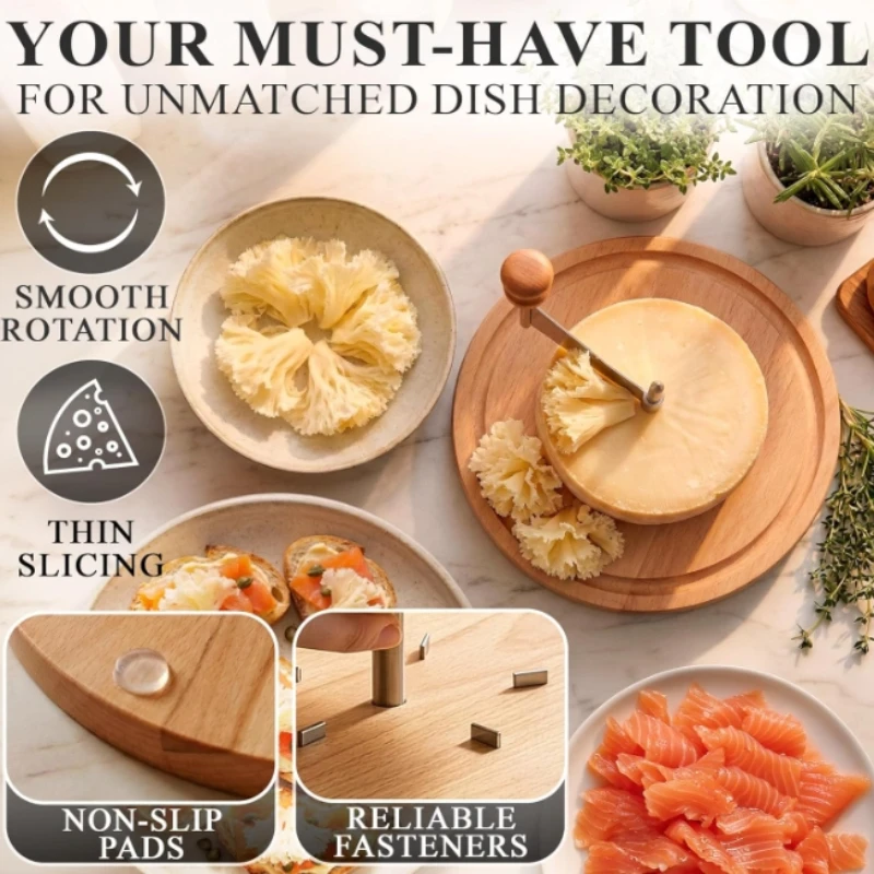 Cheese Cutter for Making Shaped Cuts -Manual Rotating Cheese Shaver Tool with Stainless Steel Blade,Non-Slip Wood Base,Fasteners