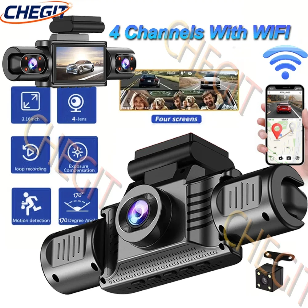 

360 dash cam 3/4 channels wifi car dvr dashboard cameras for car 4way back box parking mode 24h front/rear interior camera