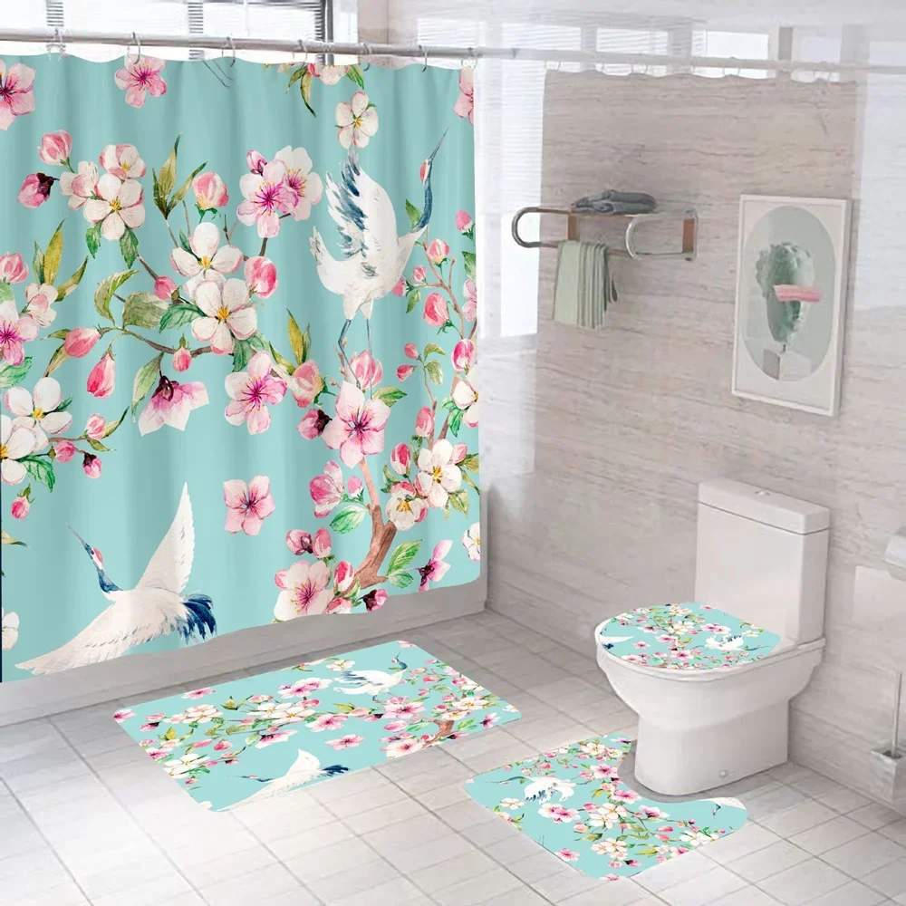 Japanese Cherry Blossom Shower Curtain Set Non-Slip Rug Toilet Lid Cover Bath Mat Spring Sakura Flower Pastoral Bathroom Curtain