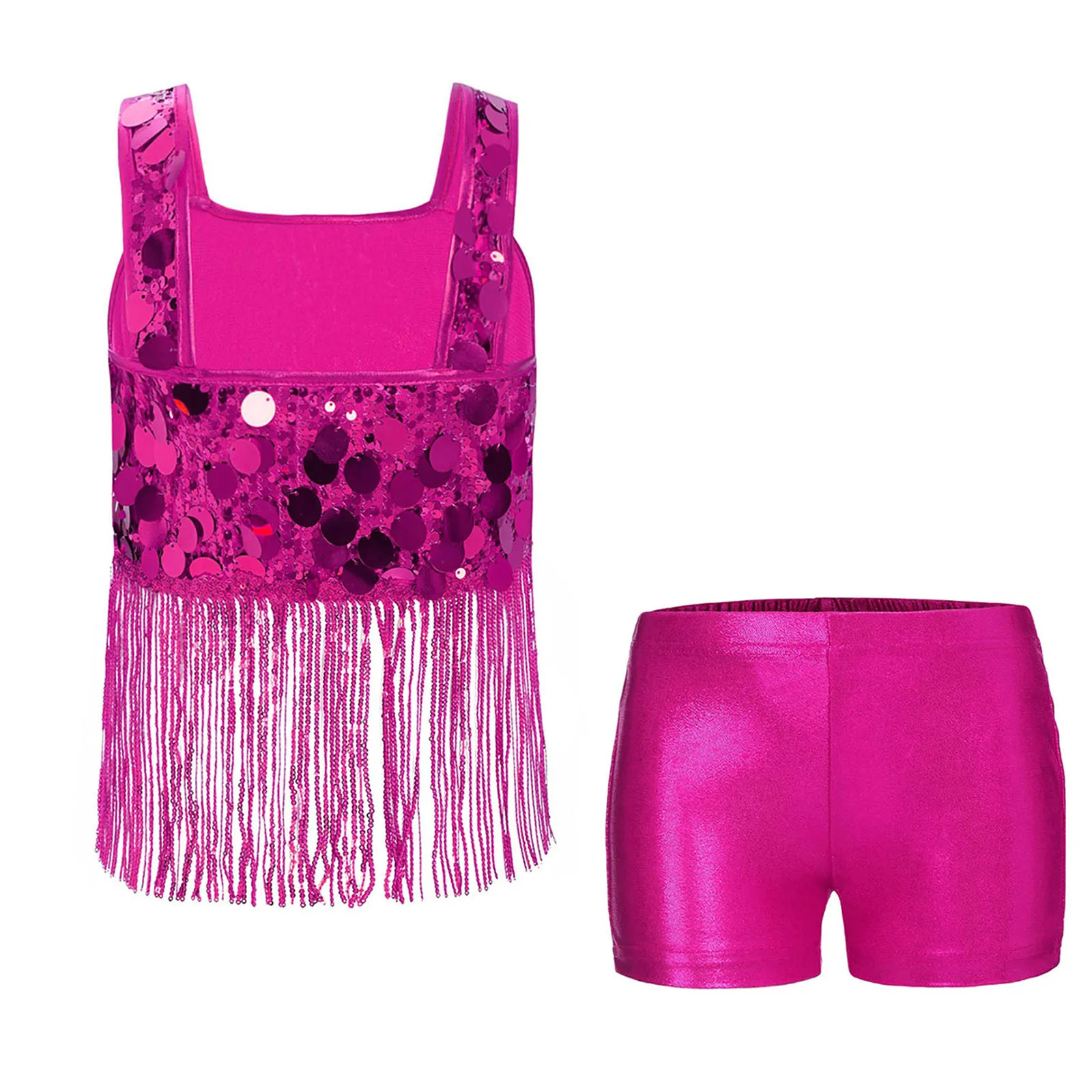 Jazzset voor meisjes, brede schouderbanden, glanzende paillettenkwastjes, crop-top met elastische tailleband, kort voor feestprestatiecompetitie