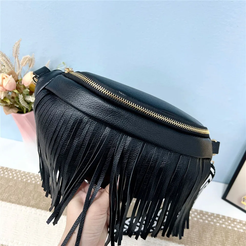 

Tassels design Women Chest Bag leather ladies Crossbody Bags For ladies New female Waist Pack fanny packs phone purse black