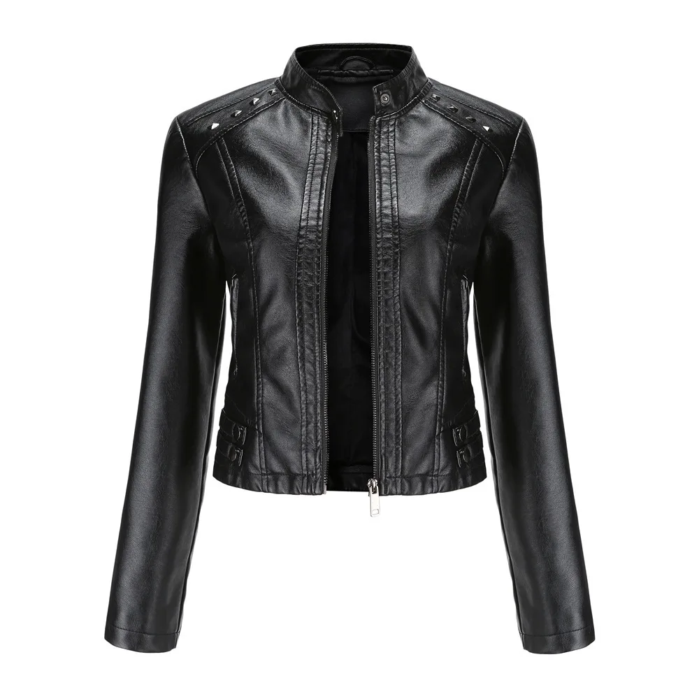 Women's New Spring Autumn Rivet Stand-Up Collar Long Sleeve Fashion Leather Jacket