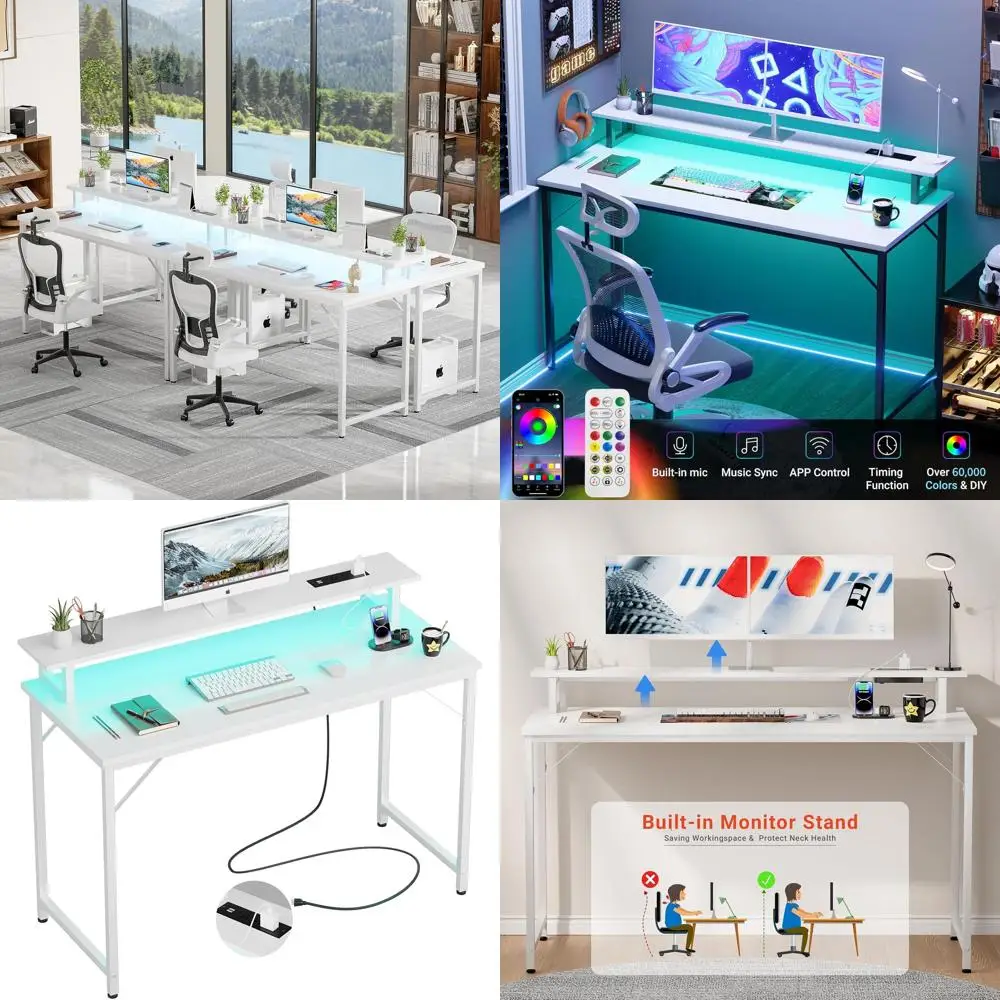 Mesa de jogos branca com 47 LEDs com tomadas elétricas, mesa moderna de escritório doméstico para espaços pequenos com prateleira para monitor