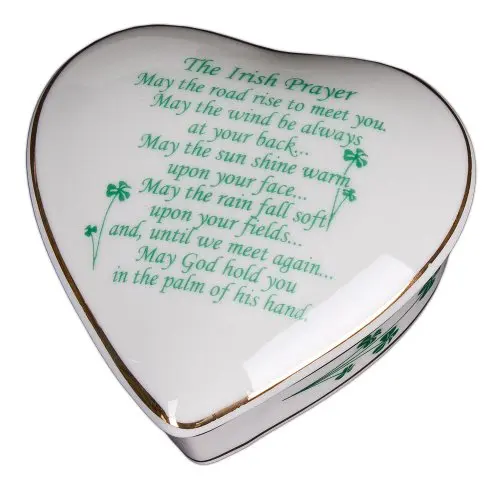 

Heart-Shaped White Ceramic Jewelry Box Engraved With Irish Blessing Prayer