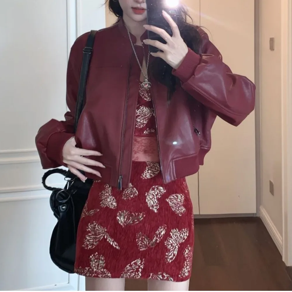 Vroege herfst Amerikaanse Sle ort rood leer Jaet dames high-end gevoel 2024 nieuwe kleine maat Jaet ritssluiting lange Sve