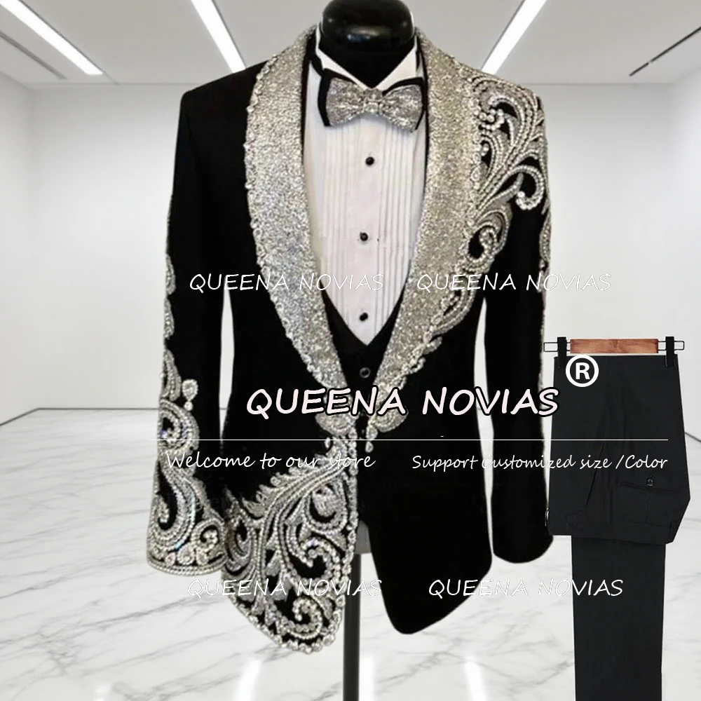 

3 Pieces Sets Wedding Groom Suits Crystals Beaded Man Banquet Tuxedos Customized Prom Party Blazers Male Fashion Men's Dress