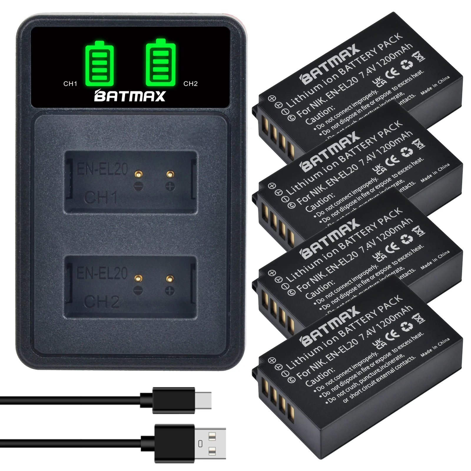 

Batmax EN-EL20 EN-EL20A Battery+New LED USB Dual Charger for Nikon Coolpix P1000,P950,Nikon1 J1, J2, J3 Nikon1 AW1