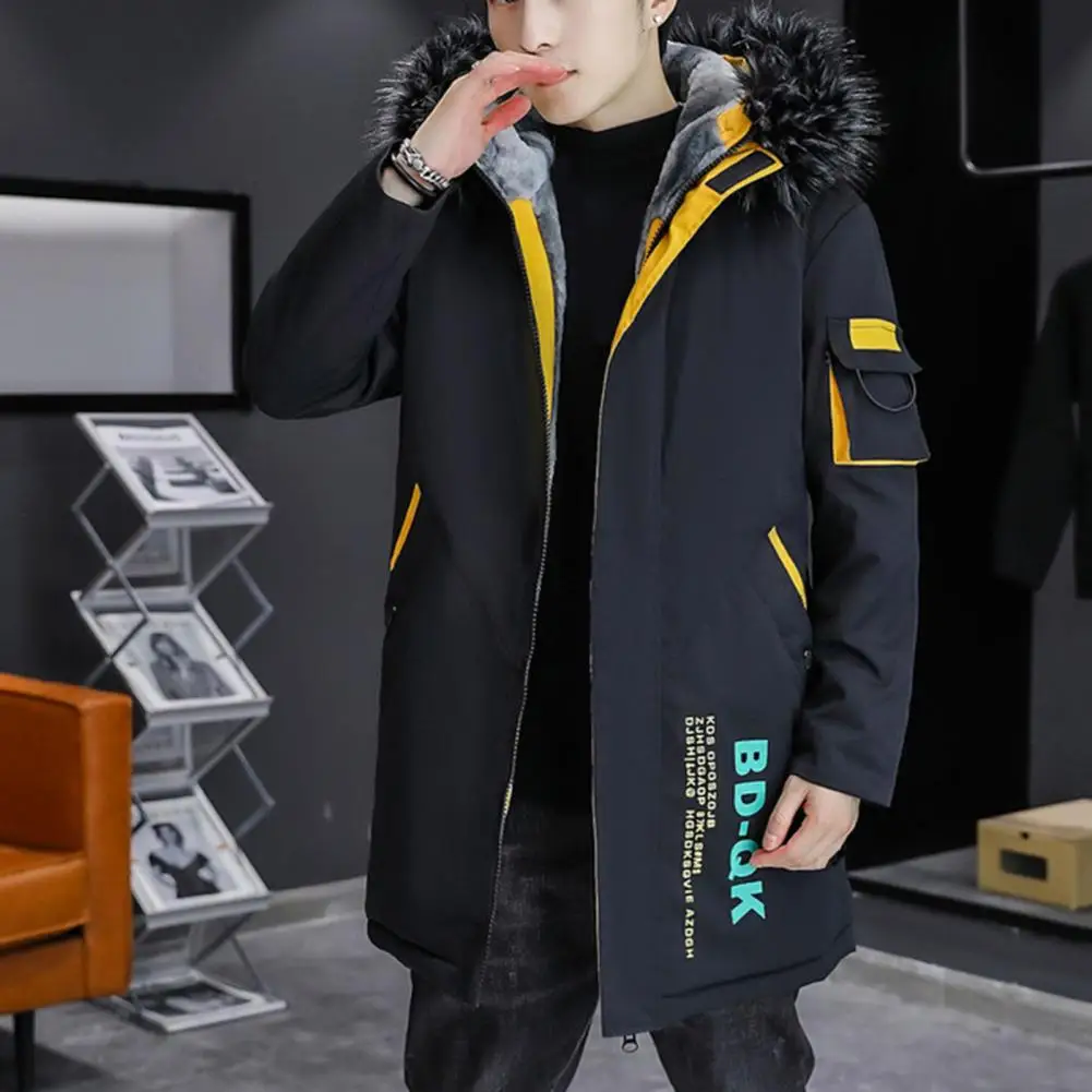 Men Winter Jacket Men\'s Hooded Color Patchwork Jacket with Fleece Lining Warm Stylish Coat for Autumn Winter Men Jacket