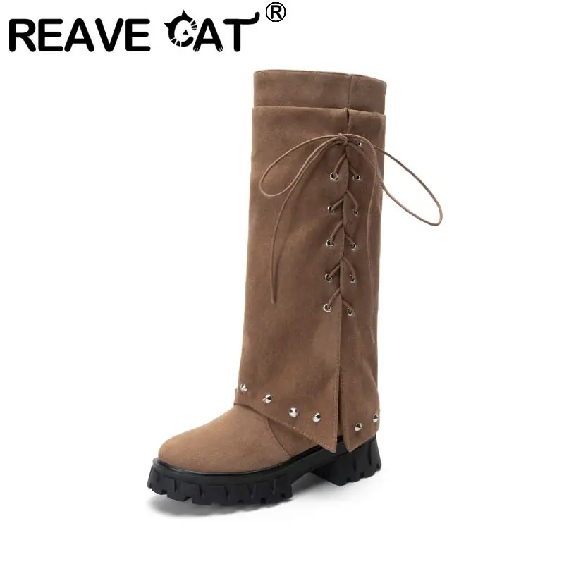 REAVE CAT Black Women Knee High Boots Round Toe 5cm Thick Heel Flock Suede Rivets Plus Size 42 43 Fashion Handmade Dating Botas