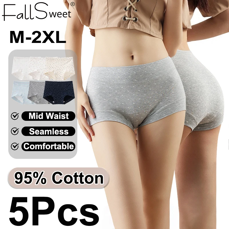 FallSweet 5PCS Plus Size Cotton Panties Women's Boxer Briefs Mid Waist Seamless Undpants Underwear High Elastic Invisible Briefs