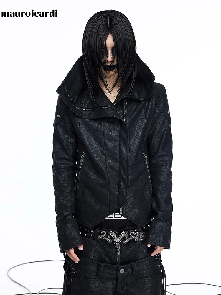 Mauroicardi Spring Autumn Short Black Pu Leather Jacket Men Zipper Dark Academia Vintage Lace Up Clothes Streetwear Fashion 2026
