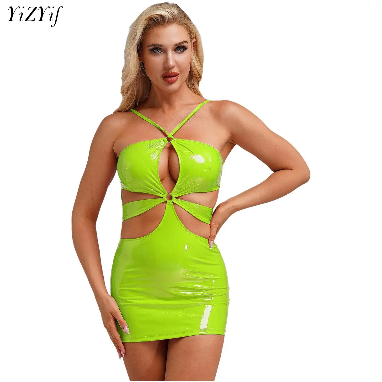 Women PU Leather Lingerie Dress Halter Dress Sleeveless Hollow Out Short Dress Wet Look Mini Dress Rave Party Dancing Club Wear