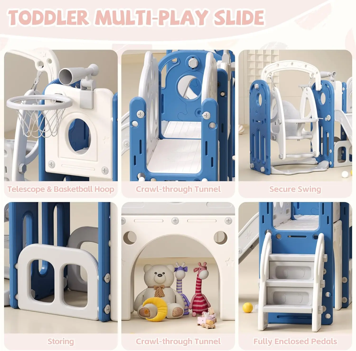 Slide para crianças, balanço e escorregador para crianças, conjunto interno e externo para crianças com cesta de basquete e conjunto de bola