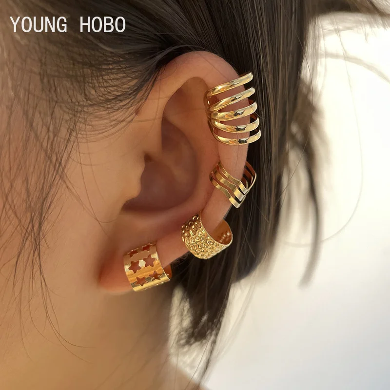 YOUNG HOBO New Gold Color Leaves Ear Cuff Black Non-Piercing Ear Clip Earrings for Women Men Fake Cartilage Earring Cuff Jewelry