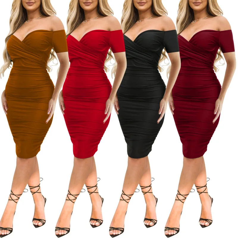

2023 Women's Summer Short Sleeve Off Shoulder Midi Dress Solid Colour Strapless Bodycon Sexy Dresses Nightclub Party Vestidos