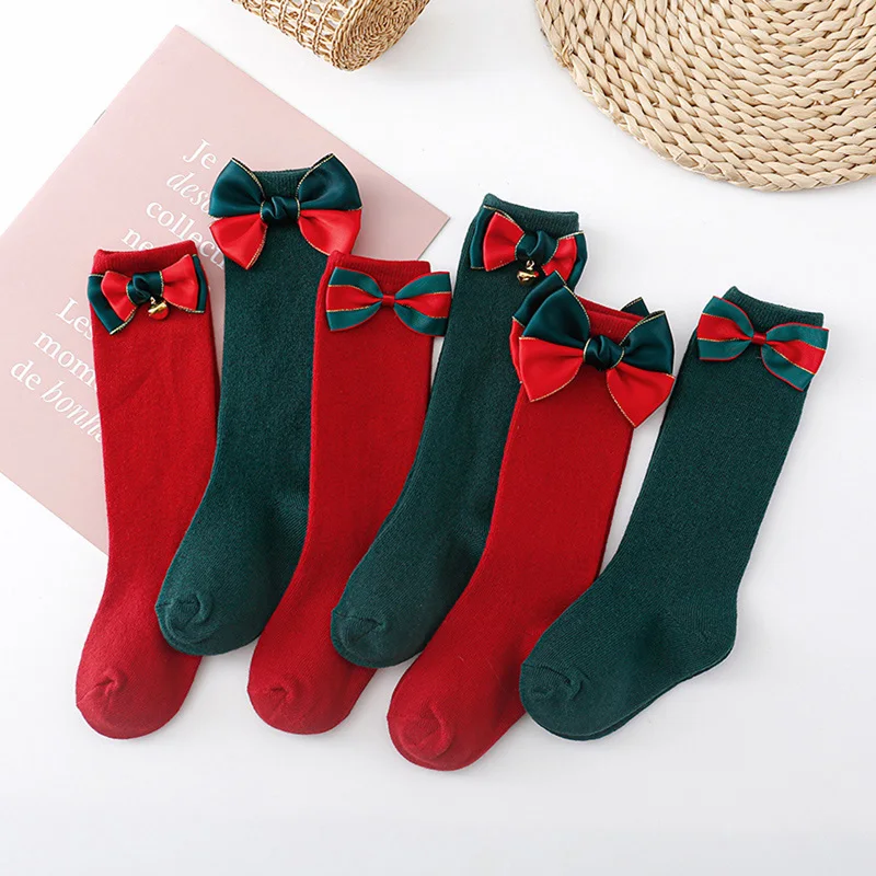 

Baby Girls Christmas Socks Elastic Bow Princess Socks Breathable Long Socks for Toddler Infant Clothing Accessories