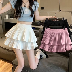 Double-layered Solid Colour High Waist A-line Hundred Mini Cake Skirt Including Safety Trousers Anti-glare Bustier Pleated Skirt