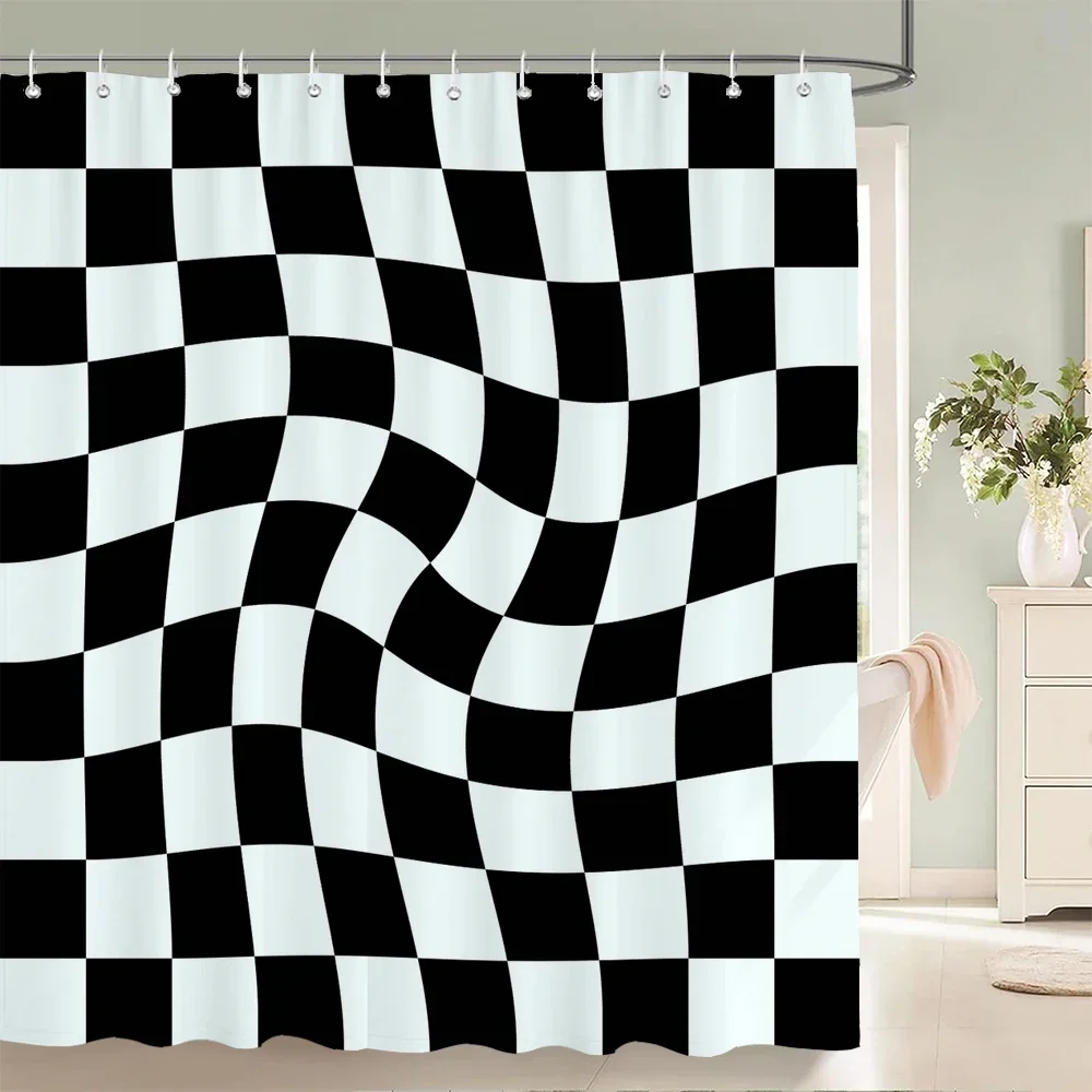 Black White Swirl Checkered Shower Curtain Abstract Optical Illusion Geometric Twist Pattern Waterproof Polyester Bathroom Curta