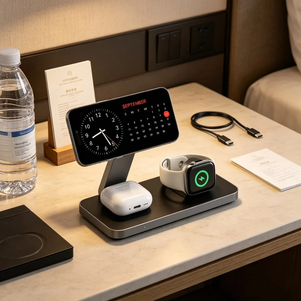 Base de Carga Inalámbrica 3 en 1 con Ángulo Ajustable, Carga Rápida para iPhone, Apple Watch y AirPods, Cargador Portátil de Viaje