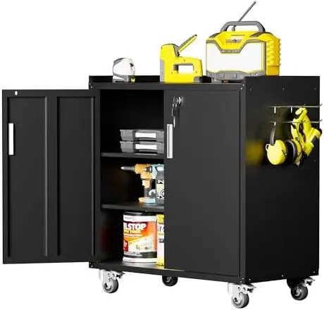 Metal Storage Cabinet with Wheels - Lockable, Rolling Tool Cabinet for Home, Office, Garage & Workshop - Black