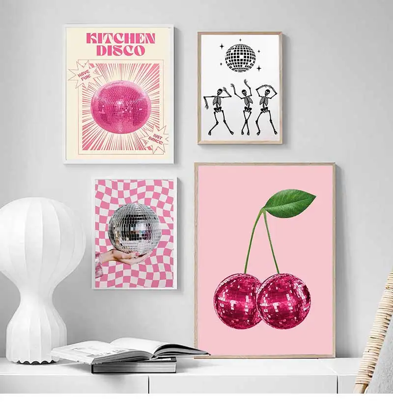 Vintage Trendy Dancing Skeleton Disco Heart Cherries Canvas Poster Mirror Ball Wall Art Pictures Bathroom Home Club Decor