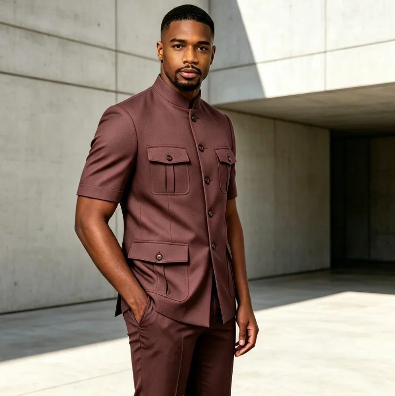 Men's Grey Mandarin Collar Suit Set Short Sleeves Multi-Pocket Jacket and Trousers Fashion Formal Smart Casual Wedding Suits