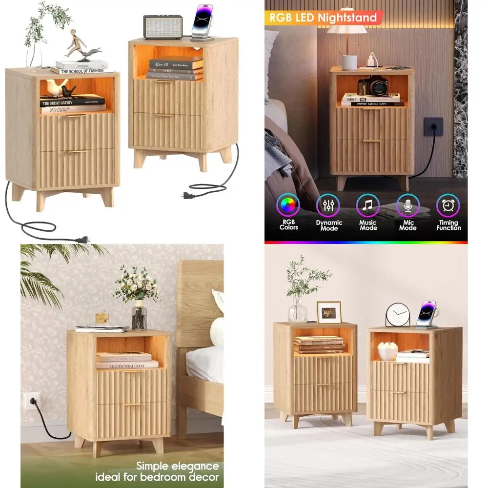 pair of modern fluted nightstands with charging station, led light, and wooden construction
